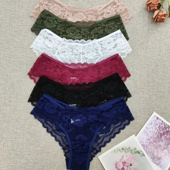 DESIGNER Other - 6 PAIR LACED FLORAL SEMI-SHEER LOW RISE BIKINI PANTIES SIZE 12